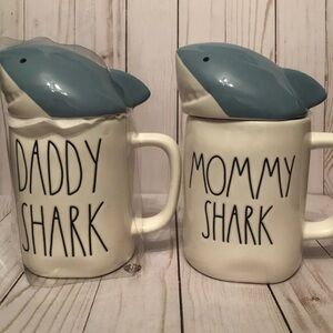 Rae Dunn mugs with Toppers. Mommy Shark. Daddy Shark. Mug.